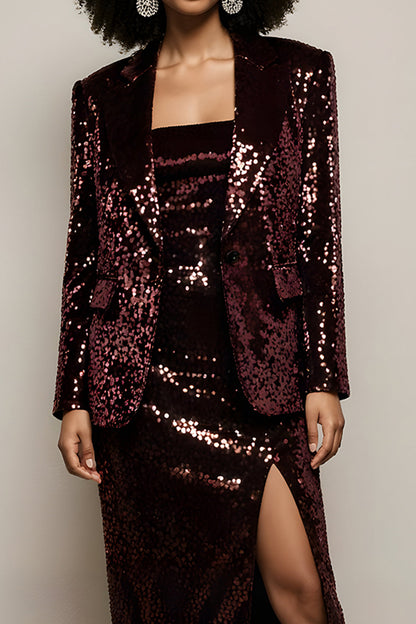 Sparkly Burgundy Sequins Women Suits with Sleeve