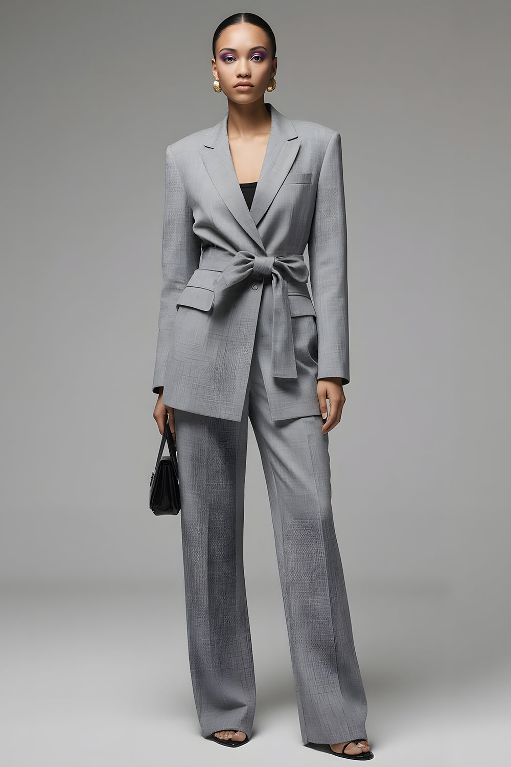 Grey Notched Lapel 2 Piece Women Suits with Bowknot