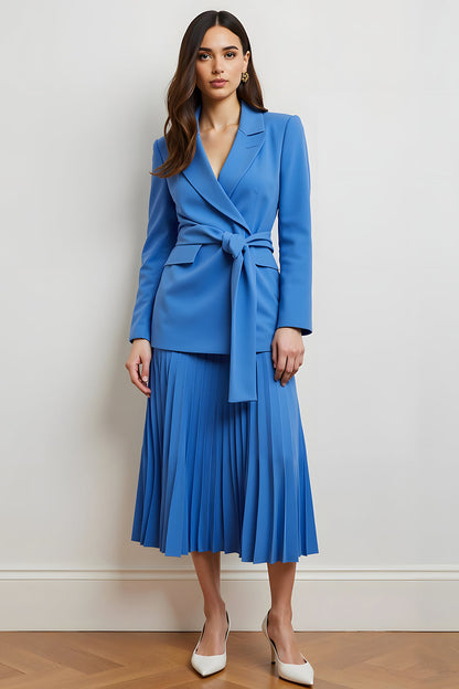 Blue Peak Lapel Pleated A Line Women Suits with Belt