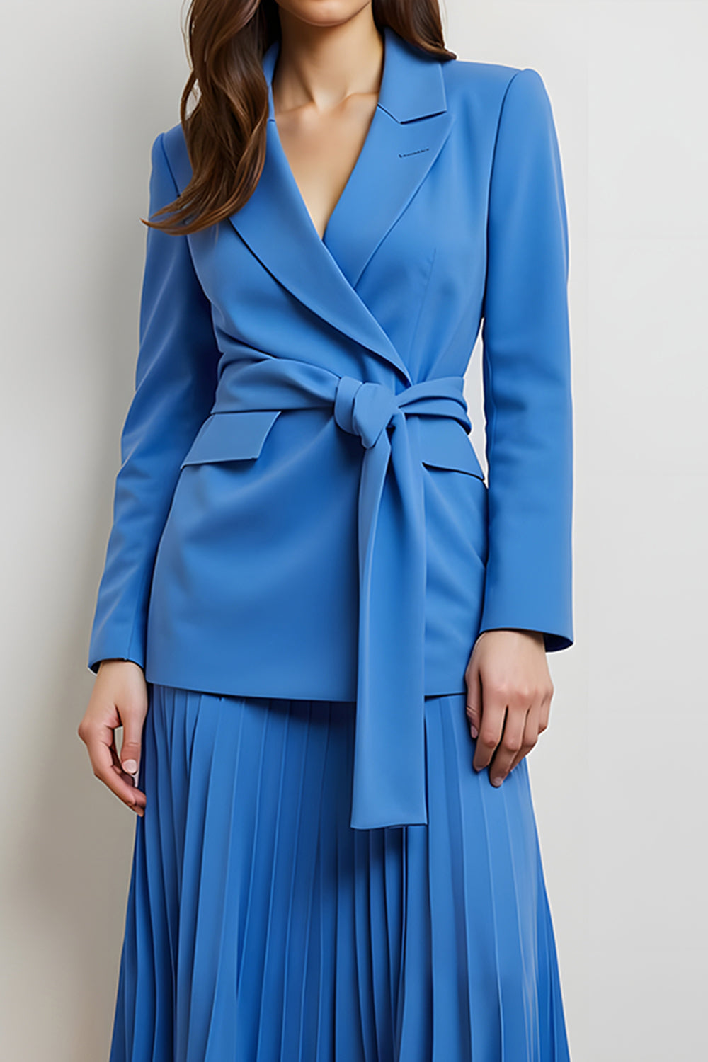 Blue Peak Lapel Pleated A Line Women Suits with Belt