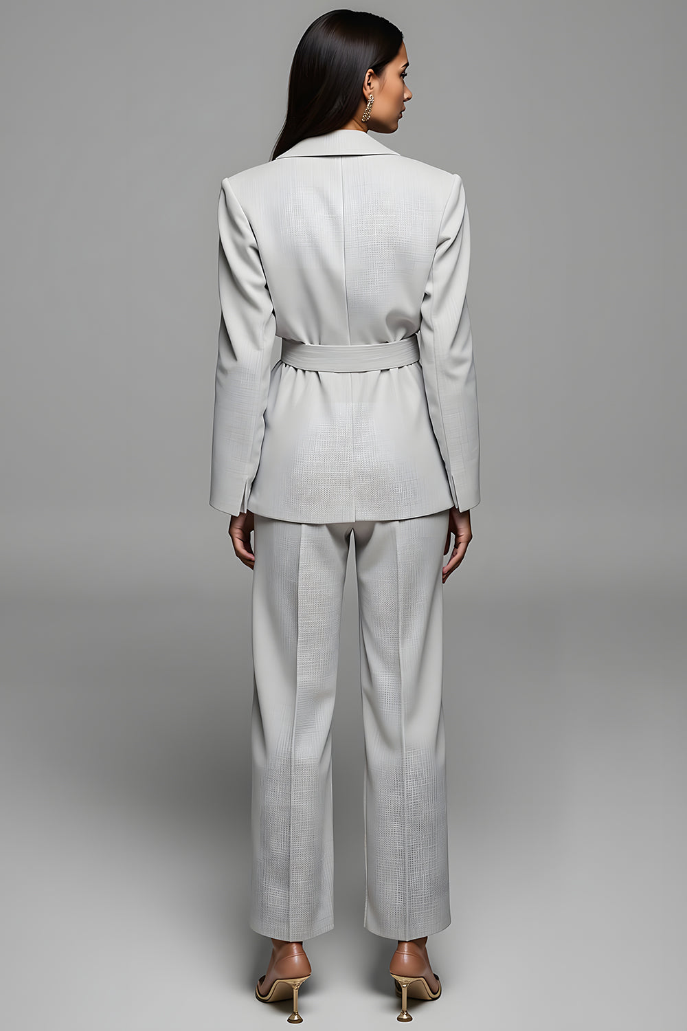 Grey Notched Lapel Belt 2 Piece Women Suits with Sleeve