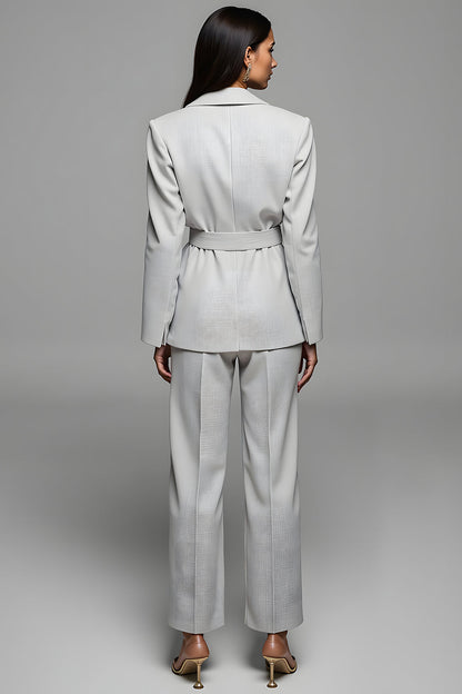 Grey Notched Lapel Belt 2 Piece Women Suits with Sleeve