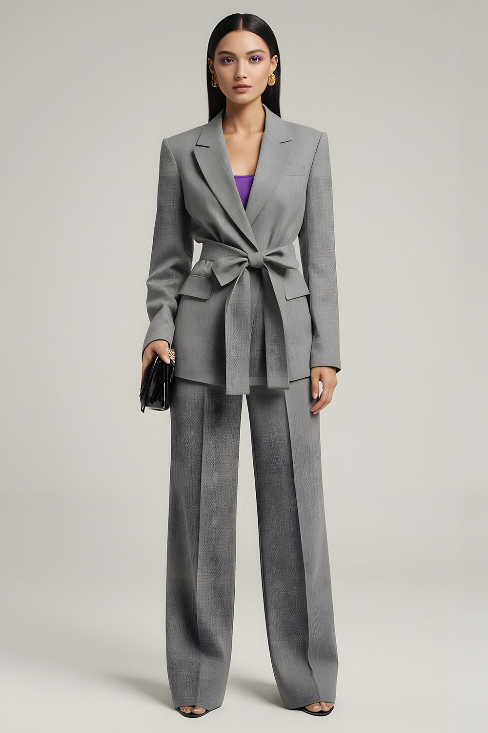 Grey Peak Lapel 2 Piece Women Suits with Bowknot