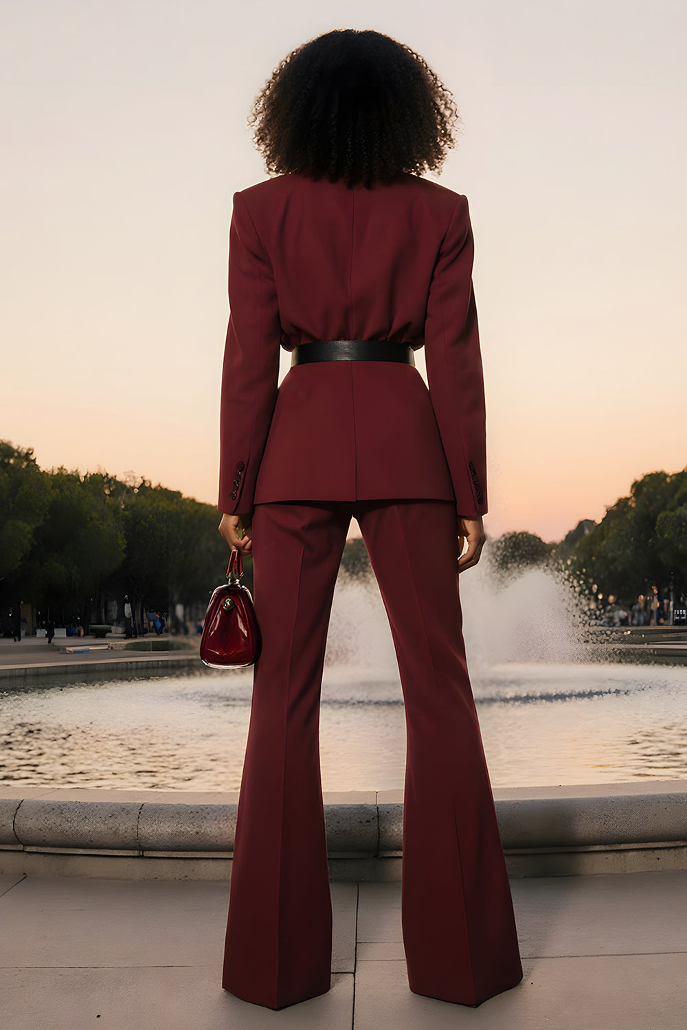Burgundy Notched Lapel 2 Piece Women Suits with Belt