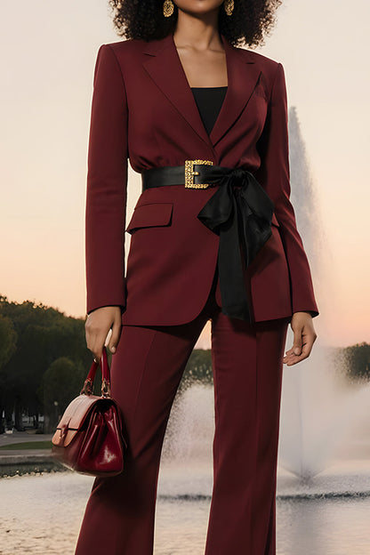 Burgundy Notched Lapel 2 Piece Women Suits with Belt