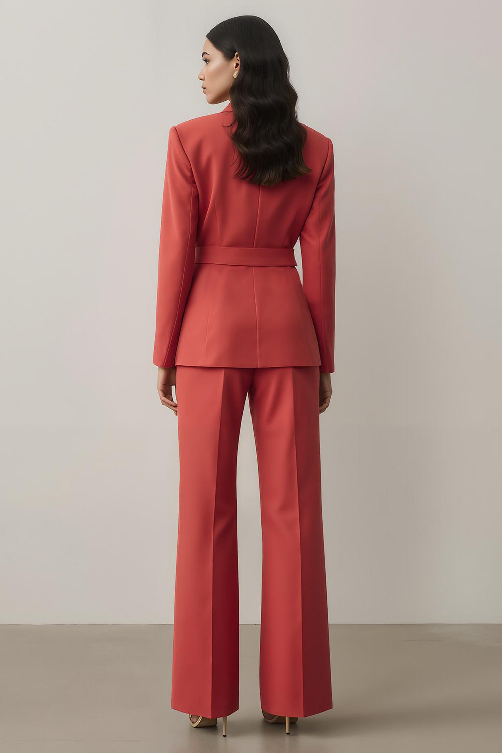 Red Notched Lapel 2 Piece Women Suits with Belt
