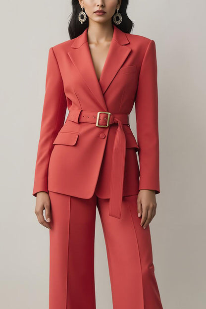 Red Notched Lapel 2 Piece Women Suits with Belt