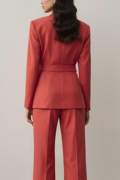 Red Notched Lapel 2 Piece Women Suits with Belt