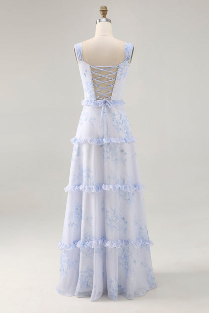 Blue Floral Ruffled A Line Corset Long Wedding Guest Dress