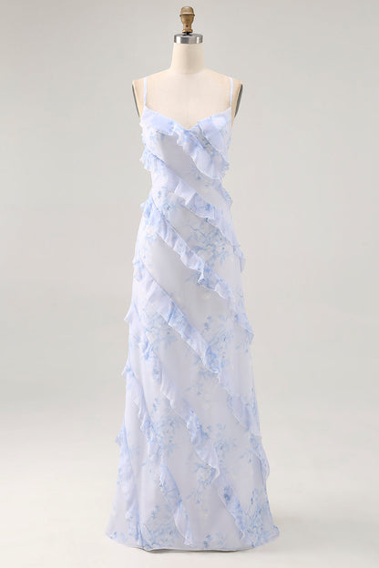 Blue Floral Ruffled Sheath Printed Wedding Guest Dress