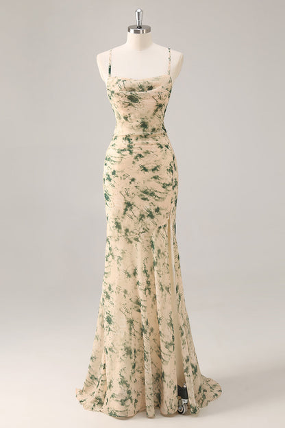 Champagne Floral Mermaid Printed Bridesmaid Dress with Slit