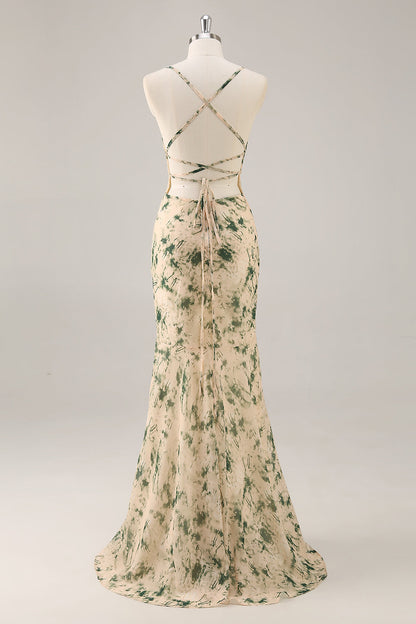 Champagne Floral Mermaid Printed Bridesmaid Dress with Slit