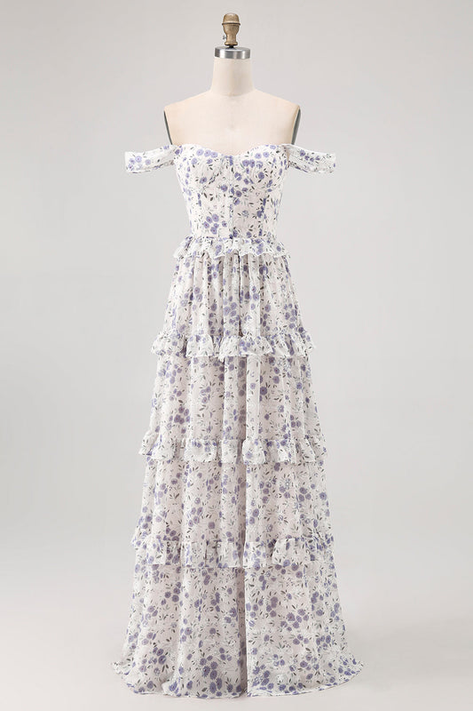 Purple Floral Off The Shoulder A Line Bridesmaid Dress with Lace Up Back