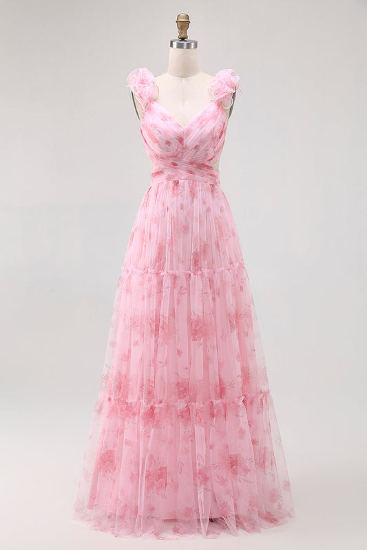 Blush Floral Printed A Line Tulle Long Bridesmaid Dress with Ruffles