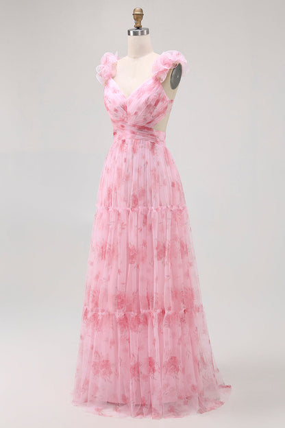 Blush Floral Printed A Line Tulle Long Bridesmaid Dress with Ruffles