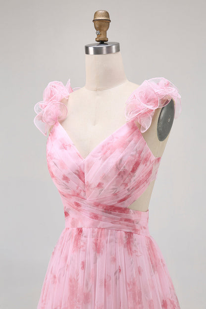 Blush Floral Printed A Line Tulle Long Bridesmaid Dress with Ruffles