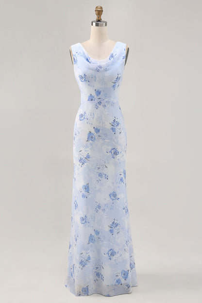 Blue Floral Sheath Cowl Neck Long Wedding Guest Dress