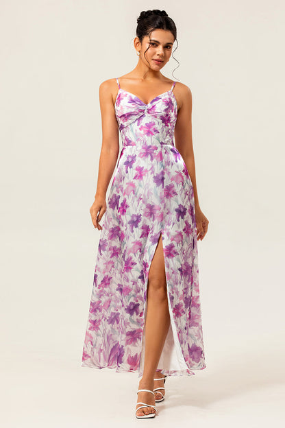 Purple Floral Printed Spaghetti Straps A Line Wedding Guest Dress