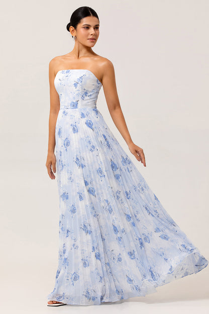 Strapless Blue Floral A Line Pleated Long Bridesmaid Dress