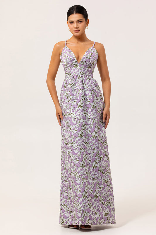 Purple Floral A Line Printed Spaghetti Straps Wedding Guest Dress