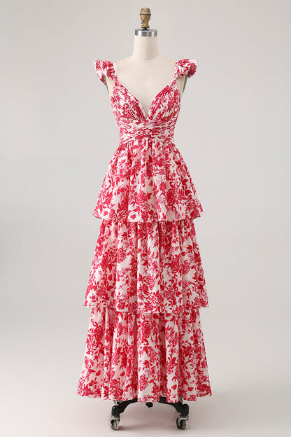 Blue Floral A Line Tiered V Neck Long Bridesmaid Dress
