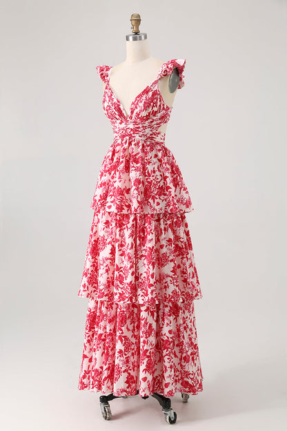 Blue Floral A Line Tiered V Neck Long Bridesmaid Dress