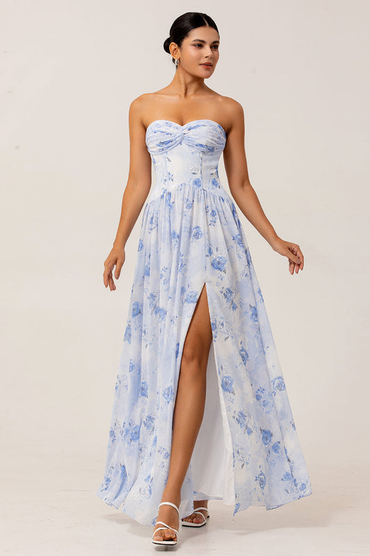 Blue Floral Strapless A Line Chiffon Long Bridesmaid Dress with Slit