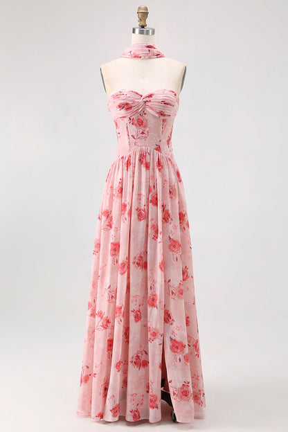 Blue Floral Strapless A Line Chiffon Long Bridesmaid Dress with Slit