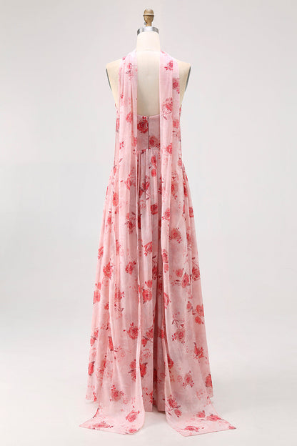 Blue Floral Strapless A Line Chiffon Long Bridesmaid Dress with Slit