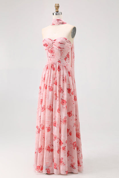 Blue Floral Strapless A Line Chiffon Long Bridesmaid Dress with Slit