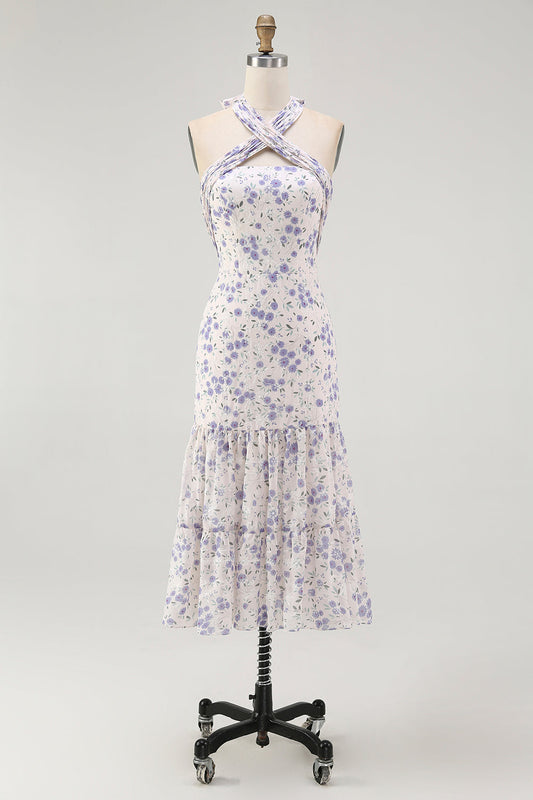 Blue Floral Halter A Line Ruffled Midi Bridesmaid Dress