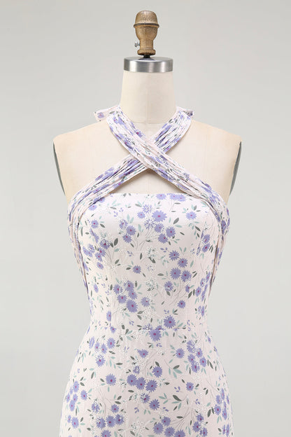 Blue Floral Halter A Line Ruffled Midi Bridesmaid Dress