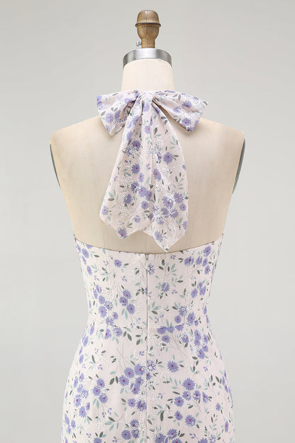 Blue Floral Halter A Line Ruffled Midi Bridesmaid Dress