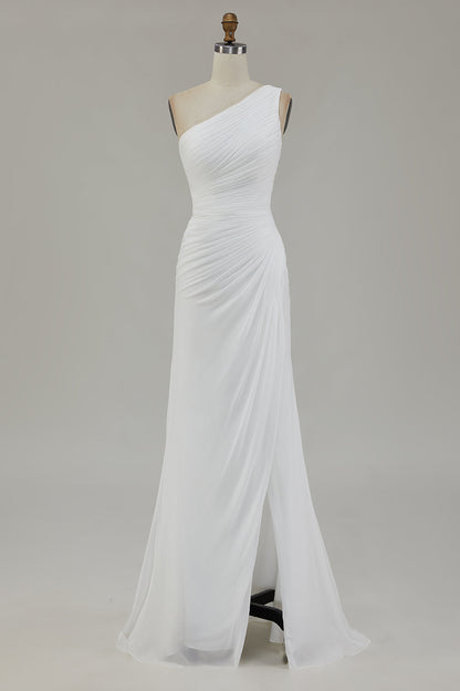 Ivory One Shoulder Long Sheath Beach Engagement Dress with Slit