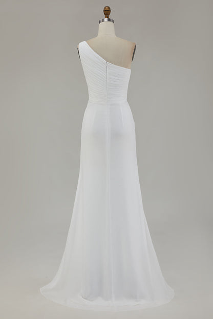 Ivory One Shoulder Long Sheath Beach Engagement Dress with Slit