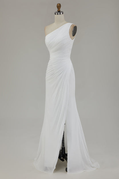 Ivory One Shoulder Long Sheath Beach Engagement Dress with Slit