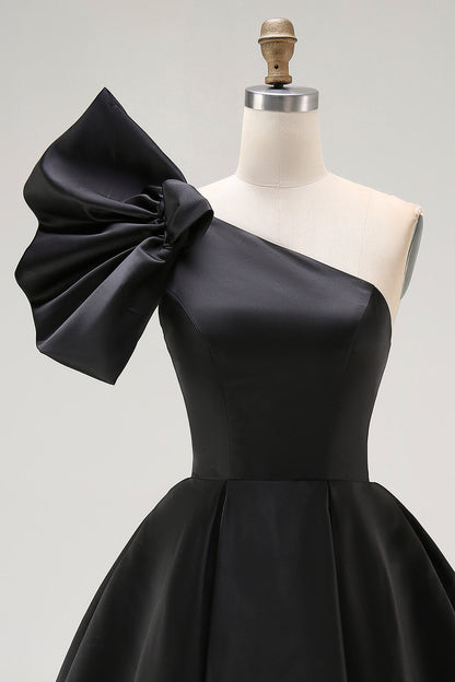 Black A Line Satin Short Cocktail Dress with Ruffles