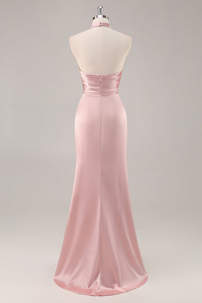 Sage Green High Neck Satin Sheath Ruched Long Bridesmaid Dress with Slit