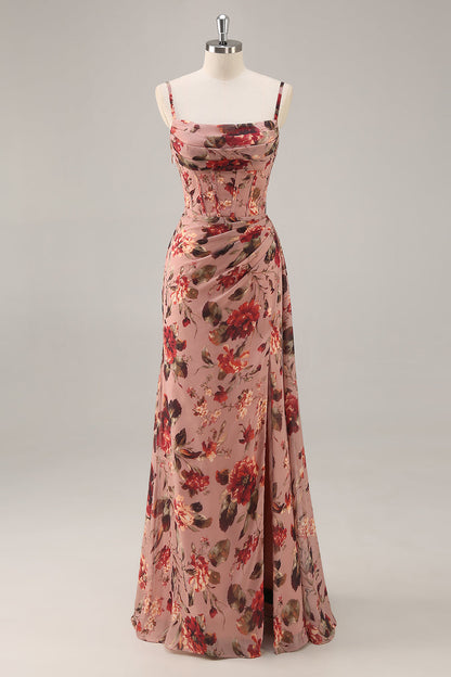 Dusty Rose Sheath Ruched Floral Corset Long Bridesmaid Dress with Side Streamer