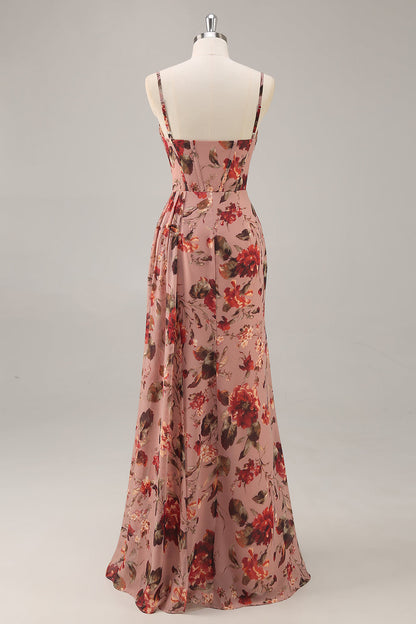 Dusty Rose Sheath Ruched Floral Corset Long Bridesmaid Dress with Side Streamer