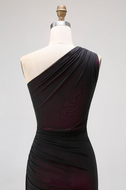 One Shoulder Black Pink Sheath Long Bridesmaid Dress with Slit