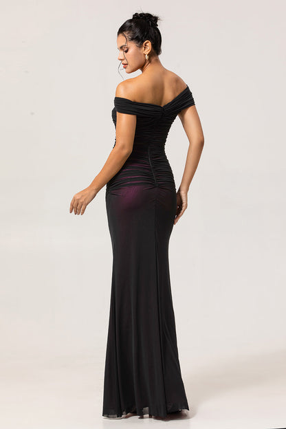 Black Pink Off the Shoulder Sheath Long Bridesmaid Dress