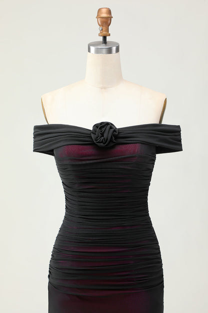 Off the Shoulder Sheath Black Pink Bridesmaid Dress with 3D Flower