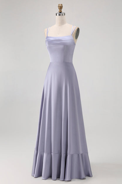 Dusty Blue A Line Long Bridesmaid Dress with Lace-up Back