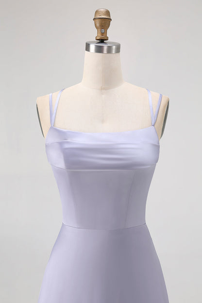 Dusty Blue A Line Long Bridesmaid Dress with Lace-up Back