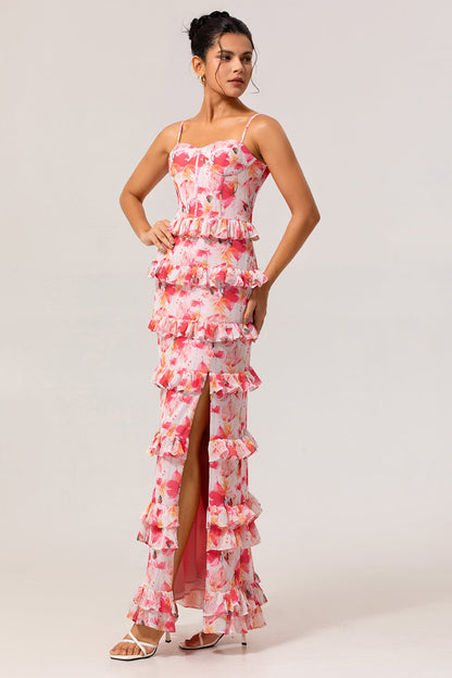 Pink Floral Sheath Ruffled Long Wedding Guest Dress with Slit