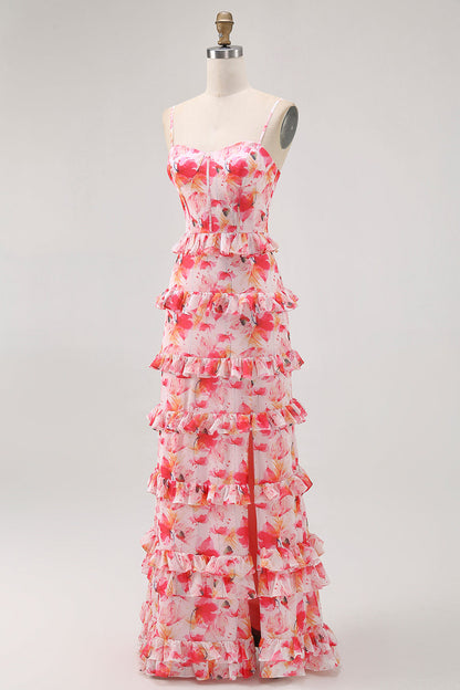 Pink Floral Ruffled Sheath Long Wedding Guest Dress with Slit