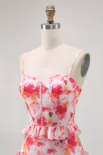 Pink Floral Ruffled Sheath Long Wedding Guest Dress with Slit