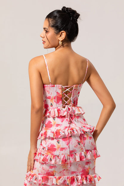 Pink Floral Sheath Ruffled Long Wedding Guest Dress with Slit