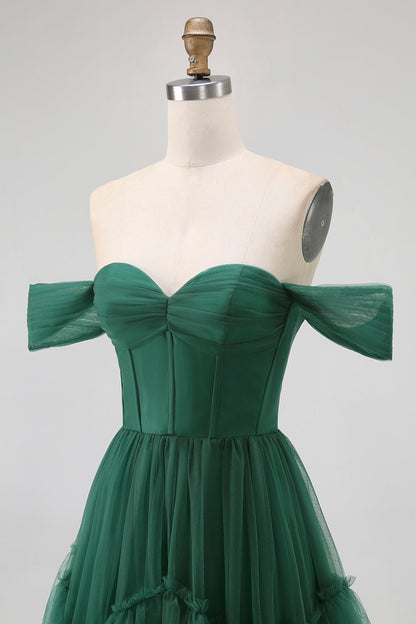 Dark Green Tulle Tiered Ruffled Off The Shoulder A Line Bridesmaid Dress